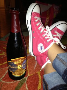 Feet up after a long day with a bottle of Menage a Trois by @TheBruery shared by @ocbeerblog & Erin in their home